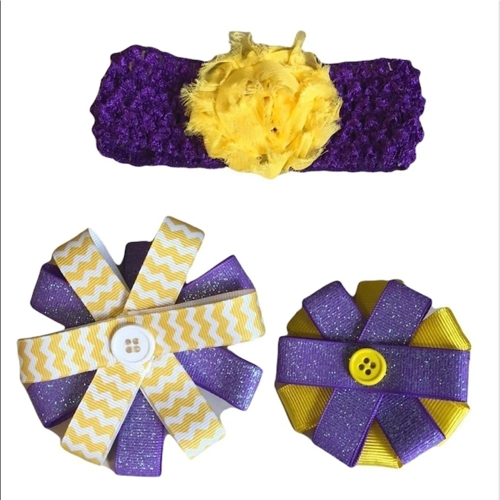 2/$15 Purple Yellow Hair Accessory Set Headband + Bow Clips LSU Colors Girls